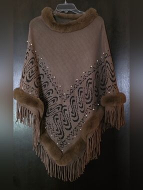 Northern Angel Brown Faux Fur Trim Pearl Accents Poncho With Fringe Size S/M